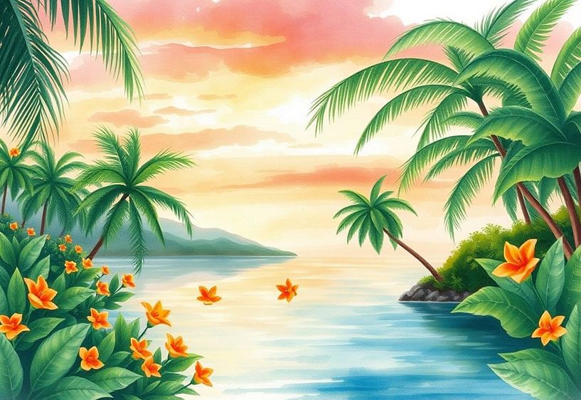 A Vibrant Seascape Painting with Palm Trees, Orange Flowers by Artistic