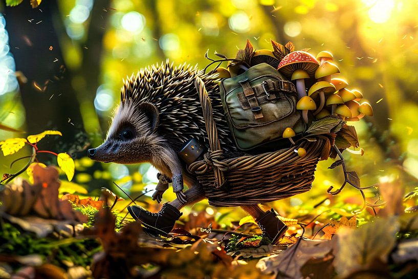 Hedgehog in autumn forest with basket by Art & Soul Creations