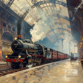 Station with steam train by Kees van den Burg