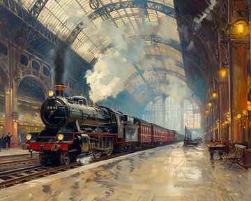 Station with steam train by Kees van den Burg