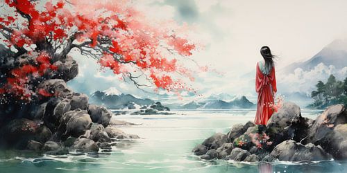 Very beautiful beautiful landscape with water and mountains and a woman