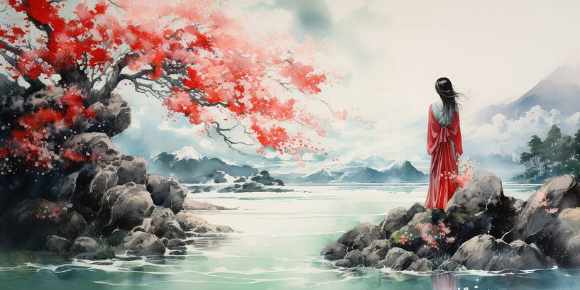 Très beau paysage avec de l'eau, des montagnes et une femme. par Art Bizarre