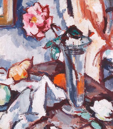 Roze roos in glazen vaas met fruit, Samuel John Peploe
