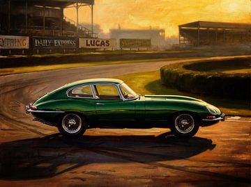 Jaguar E-Type Rennszene bei Sonnenuntergang