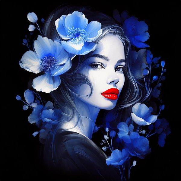 Blau - Portrait mit Blumen von Reiner Borner
