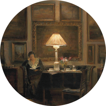 Een dame leest bij lamplicht, Carl Holsøe