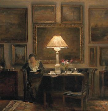 A lady reading by lamplight, Carl Holsøe