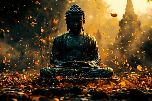 Boeddha met herfstbladeren