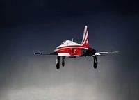 Chasseur F-5E Tiger de la Patrouille de Suisse lors de l'atterrissage dans un ciel sombre et menaçant.