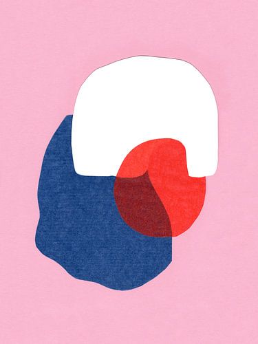 Abstrakte Collage in Rosa, Blau, Rot und Weiß