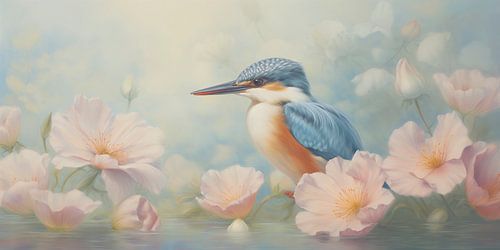 Kingfisher surrounded by flowers