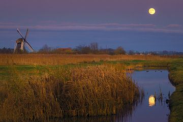 Volle maan bij de Noordermolen, Groningen, Nederland van Henk Meijer Photography