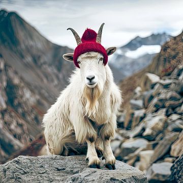 Mountain goat with hat high in the Alps by Vlindertuin Art