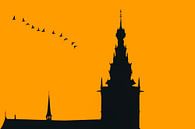 Nijmegen in avond oranje, met vlucht ganzen van Maerten Prins thumbnail