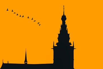 Nijmegen in avond oranje, met vlucht ganzen
