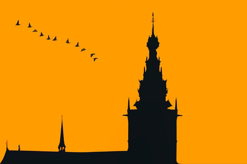 Nijmegen in avond oranje, met vlucht ganzen van Maerten Prins