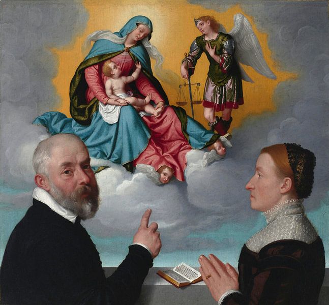 Zwei Spender in der Anbetung vor der Madonna mit dem Kind und dem hl. Michael, Giovanni Battista Mor von Meisterhafte Meister