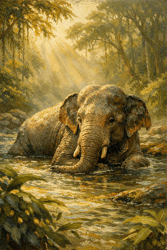 Ein Sumatra-Elefant überquert den Fluss