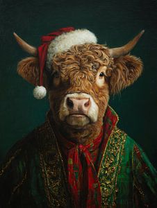 Weihnachtsporträt eines schottischen Highlanders in satten grünen und roten Winterfarben