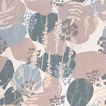Flowers in retro style. Modern abstract botanical art in blue, grey, dark pink by Dina Dankers