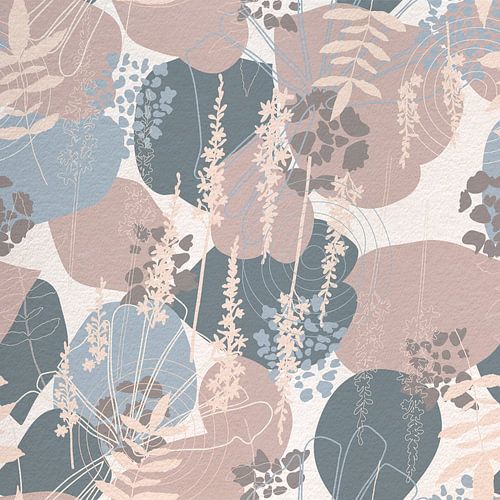 Bloemen in retro stijl. Moderne abstracte botanische kunst in blauw, grijs, donker roze