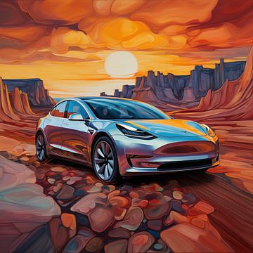 Coucher de soleil sur la Tesla model 3 sur TheXclusive Art