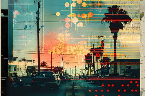 Stijlvolle retro poster met grafische elementen en stippen. Avondlijke stad.