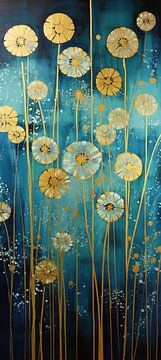 Bloei | Floral Blue Gold van Abstract Schilderij