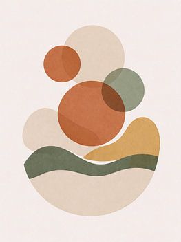 Abstracte geometrische kunstprint in mid-century modern-stijl met zon- en landschapsmotief