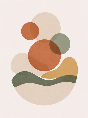 Kunstdruck im Mid-Century-Modern-Stil mit abstrakten geometrischen Motiven: Sonne und Landschaft