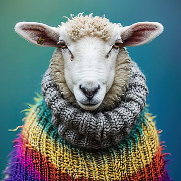 La laine en couleur : un mouton enjoué dans un pull arc-en-ciel sur Vlindertuin Art