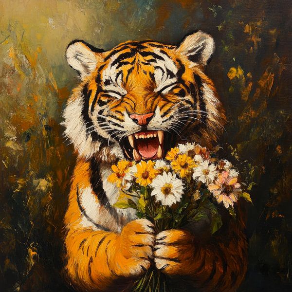 Lachende tijger met bloemen van Poster Art Shop