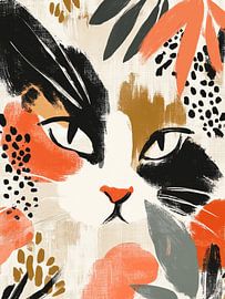 Katze zwischen Blumen und verspielten Formen