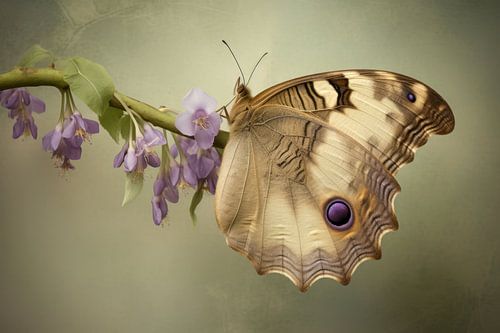 Foto van een vlinder op een tak met paarse bloemen