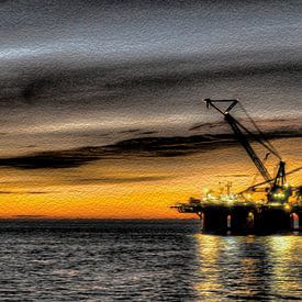 Digitale oilpainting kraanschip met zonsondergang van Benny Van Bockel