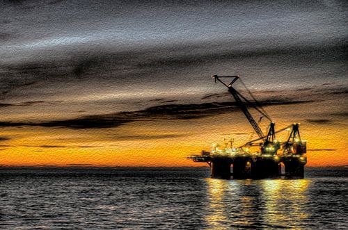 Peinture à l'huile numérique : bateau grue avec coucher de soleil