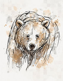 Aquarelltiere – Skizzenstil mit Braun- und Grautönen – Grizzlybär von Emiel de Lange