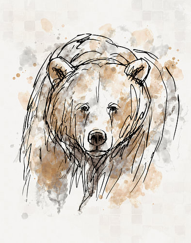Animaux à l'aquarelle - style esquisse avec des nuances de brun et de gris - ours grizzly