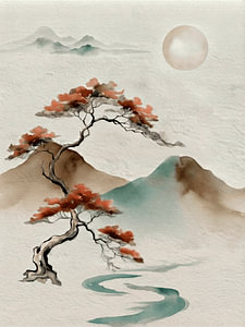 Beruhigende japanische Landschaft mit Bonsai und Vollmond