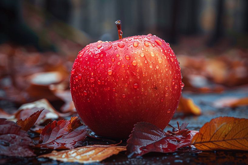 Roter Apfel, bedeckt mit Tau im Herbst von Art & Soul Creations
