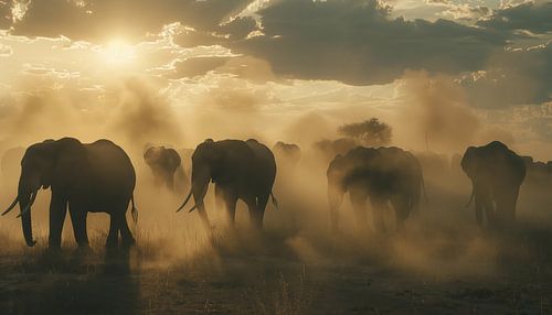 Eléphants dans le panorama du crépuscule