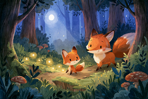 Woodland Friends – Foxes in the forest by moonlight and mushrooms