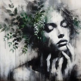 Black and white portrait woman with green by FoXo Art