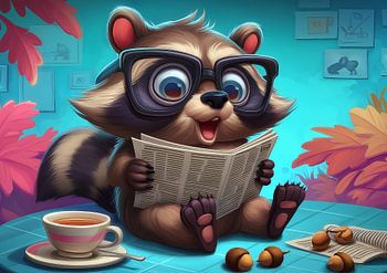 Mignon dessin animé de raton laveur lisant un journal avec du thé