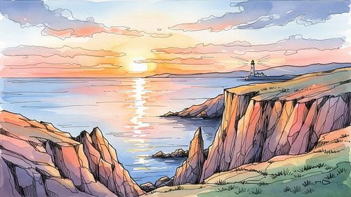 Watercolor Coastal Landscape with Lighthouse and Sunset