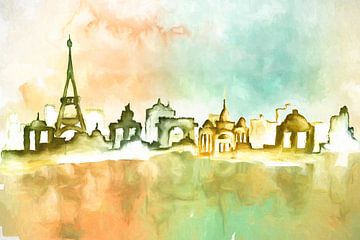 Paris skyline in watercolour by Arjen Roos