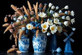 Delft Blue Vases with Spring Flowers, Mill and Decorative Oil Can by Kleurenrijk