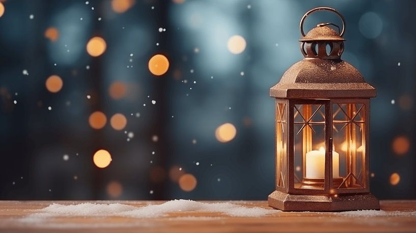 Vintage-Laterne in der Nacht mit Schnee in der Stadt von Animaflora PicsStock