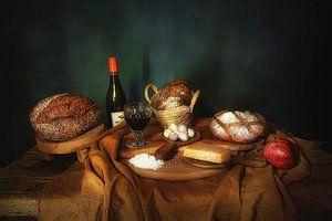 Stilleben mit Brot, Granatapfel und Parmesan,