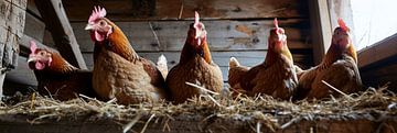 Panorama von fünf Hühnern in der Scheune eines Bauernhauses von Digitale Schilderijen